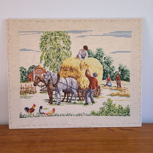 Handmade Other - Vintage Cross Stitch Hay Wagon Barn Scene Farm Completed Textile Needlework